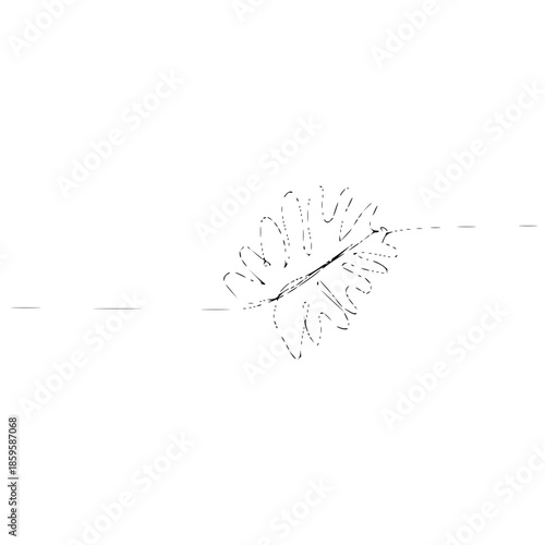 Minimalist line art drawing of a deeply lobed leaf with dashed lines on a clean white background, creating an abstract botanical design.