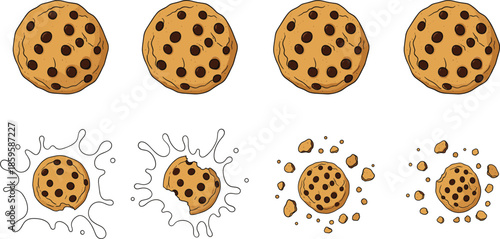 Chocolate chip cookies collection with whole, splashed, and crumbled biscuit illustrations isolated on white background vector set