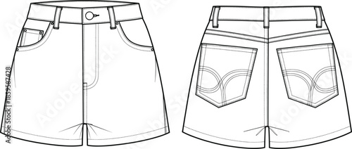Women high waisted denim shorts technical fashion flat sketch vector illustration with front and back view for apparel design mockup