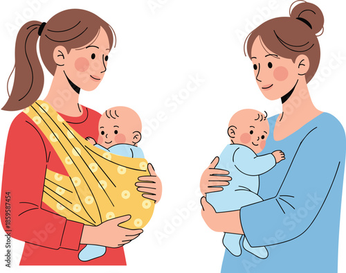 Mothers holding their babies in arms and yellow sling wrap for comfortable infant carrying parenting and bonding flat vector illustration