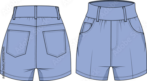 Light blue womens high waisted denim shorts technical fashion flat sketch vector illustration with front and back views for apparel design