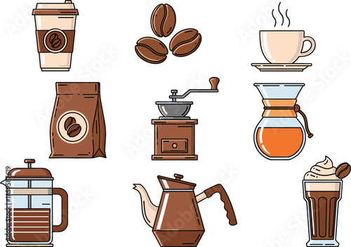 Coffee brewing and cafe icons collection with beans, cups, grinder, kettle, and coffee makers isolated on white background vector set