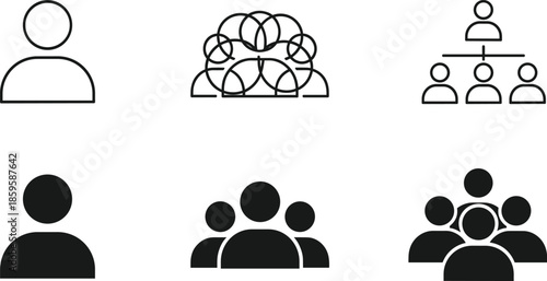 Set of outline and solid user icons representing single profile team collaboration and organizational hierarchy structure for web interface design
