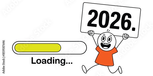Funny cartoon character holding 2026 sign with loading progress bar illustration