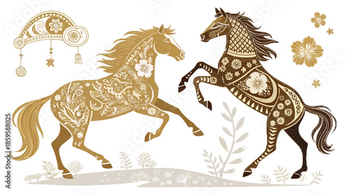 Majestic horses with intricate floral patterns galloping freely