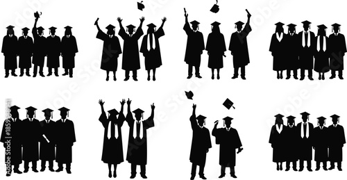 Graduation celebration silhouette set with eight joyful group poses for education, achievement, and academic milestone themes.