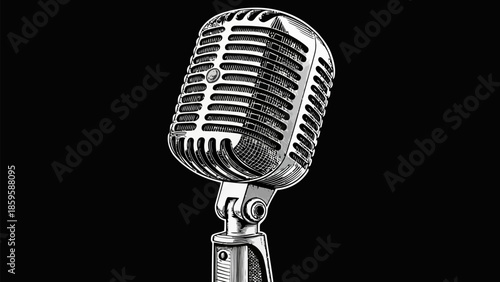 Vintage microphone on stand against black background