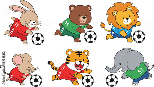 Cute animal soccer players set with rabbit bear lion tiger elephant, kids cartoon sports vector illustration
