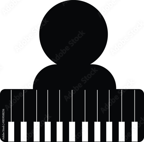 Minimalist vector icon of a musician playing piano, featuring a human silhouette combined with piano keys.