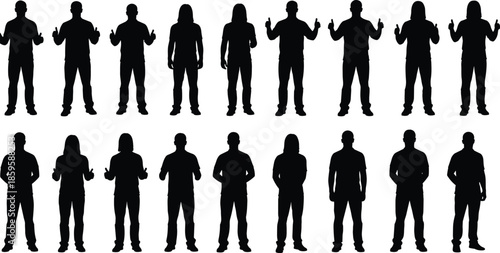 Human figure silhouette set with sixteen expressive poses for gesture, identity, and character themes in visual storytelling.