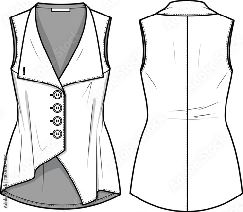 Women's sleeveless vest waistcoat technical flat sketch, front and back view, asymmetrical button front tailored jacket vector fashion design template.