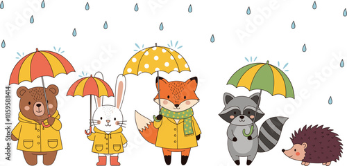 Cute animals with umbrellas in rainy weather, adorable autumn cartoon forest characters vector illustration for kids