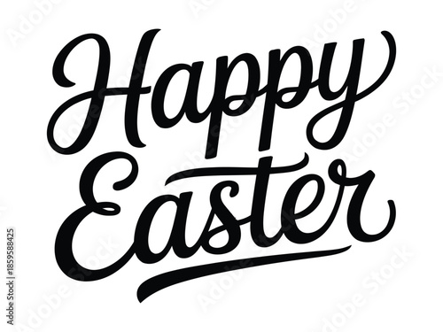 Elegant black calligraphy lettering of Happy Easter phrase isolated on white background for holiday greeting cards and seasonal decor