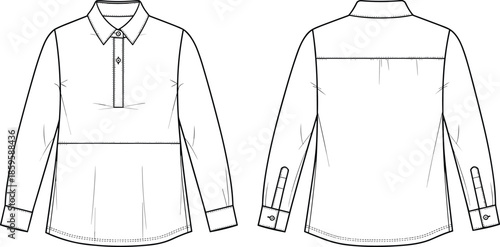 Women's long sleeve polo shirt technical flat sketch, front and back view, button placket tunic vector illustration fashion design template.