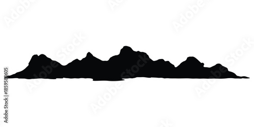 Panoramic black silhouette of a rugged mountain range with jagged peaks for outdoor adventure and travel landscape concepts