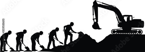 Labor-to-machine silhouette illustration showing manual workers and excavator for construction, progress, and industrial evolution themes.