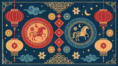 Vibrant Chinese zodiac horse design with lanterns and flowers