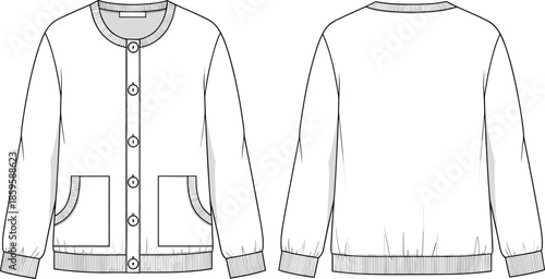 Women's knit cardigan technical flat sketch, front and back view, button down sweater vector illustration, fashion design template, apparel CAD.