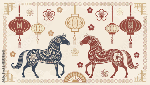 Vibrant horses with floral patterns and lanterns in Chinese style