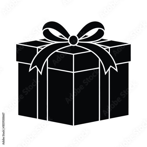 Minimalist black silhouette of a gift box with ribbon and bow for holiday shopping, birthday presents, and surprise concepts