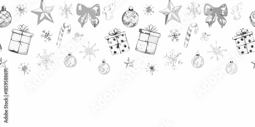 A festive border of christmas ornaments gifts and winter holiday decorations