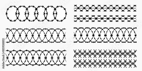 Black and white illustration of various barbed wire patterns and designs