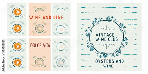 Vintage wine club design featuring citrus fruits and oyster illustrations