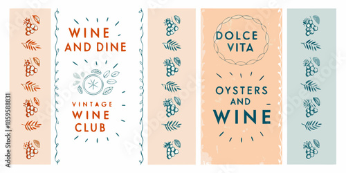 Vintage wine and dining labels with botanical illustrations and text elements