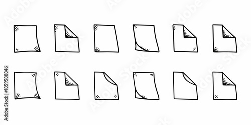 A series of sketch like rectangles with progressively peeling corners displayed