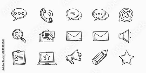 Collection of hand drawn communication and office related icons in black and white