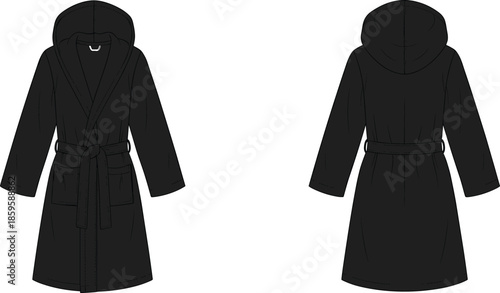 Black hooded bathrobe vector flat technical sketch front and back view with belt for fashion design mockup and template