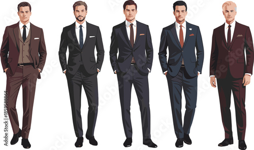 Men’s formal businesswear illustration set with five stylish suit combinations for fashion, character design, and professional themes.