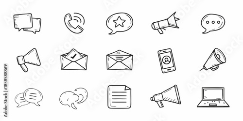 Collection of communication and media icons in a simple doodle style