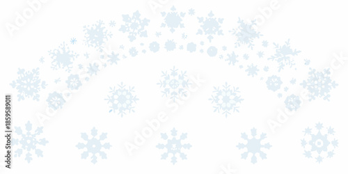 A gentle arc of delicate snowflakes against a clean white background