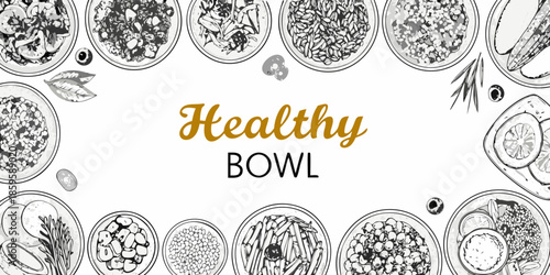 A collection of healthy bowls with various ingredients and botanical illustrations