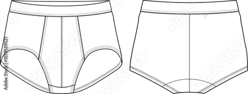Blank white mens underwear briefs technical fashion flat sketch vector illustration with front and back views for tech pack