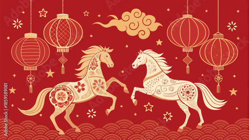 Vibrant Chinese New Year art with horses and lanterns