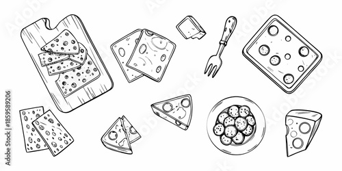 A black and white illustration depicting various types of cheese and crackers