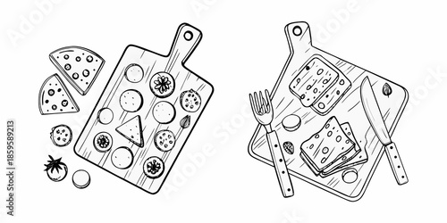Sketch of wooden cutting boards with cheese pizza and cutlery