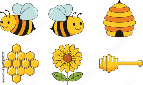 Cute bee and honey icons collection with beehive, honeycomb, sunflower, and honey dipper isolated on white background vector set