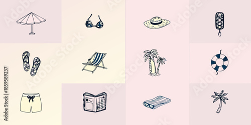 Beach vacation essentials a collection of summer icons and travel items