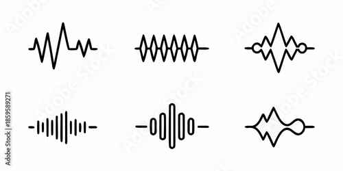 Abstract black line wave patterns and sound wave representations on white background