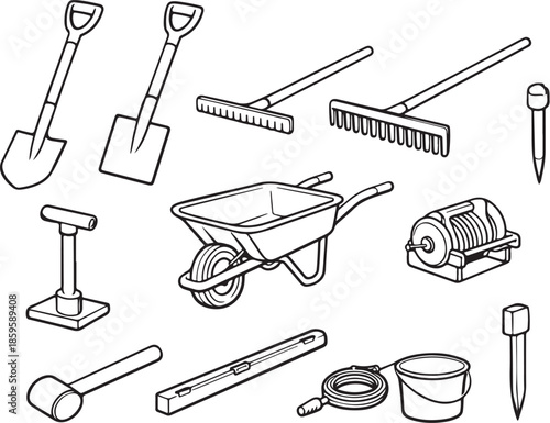 Hardscape ground preparation tools line art set eps