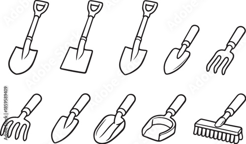 Hand Digging Garden Tools Line Art Set eps
