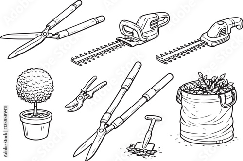 Hedge and Shrub Maintenance Tools Line Art Set eps