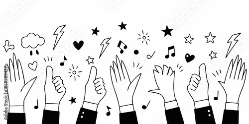 Celebrating hands and joyful symbols stars hearts music notes and lightning bolts