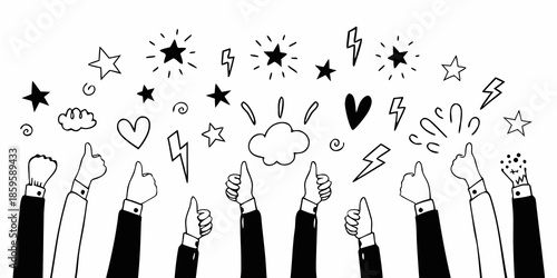Celebrating success hands raising in applause with stars and energetic symbols