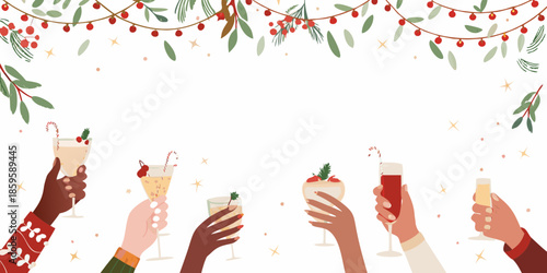 Festive celebration with hands raising glasses and christmas decorations above