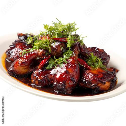 Spicy Korean Fried Chicken Dakgangjeong in White Bowl with Red Chili Peppers, Rosemary, isolated on transparent background