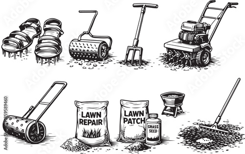 Lawn Aeration And Repair Tools Line Art Bundle eps